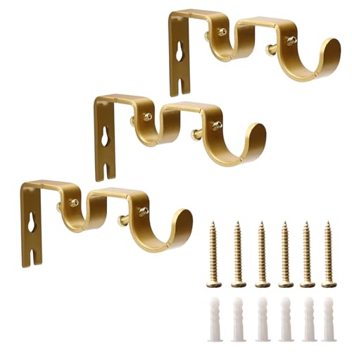 Shonmogar Double Curtain Rod Bracket 3 Pack Metal Curtain Rod Holders for Wall Sturdy Double Rod Curtain Brackets for 1 and 5/8 Rod Wall Curtain Rod Bracket for Home Living Room Decor Gold
