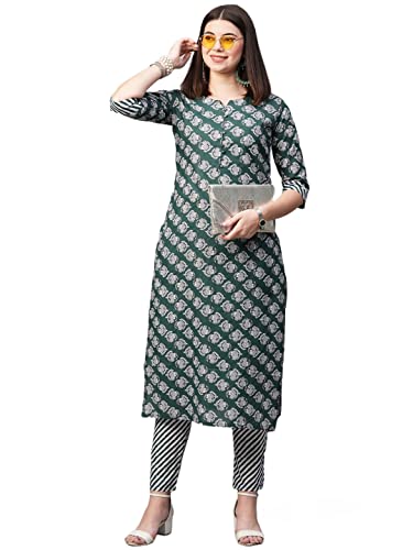 Image of GoSriKi Women's Cotton Blend Printed Straight Kurta With Pant