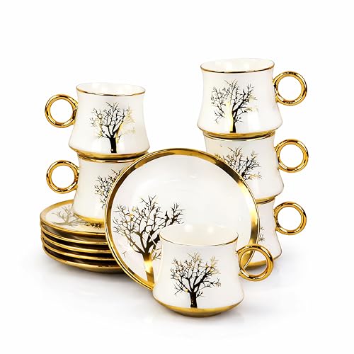 Image of NFI essentials Ceramic Cup & Saucer Set of 6 Pcs, Tea /Coffee Cup, Microwave & Dishwasher Safe, Premium Mug Perfect for Daily Use, Office, Gifting Elegant Golden Color Design 200ML