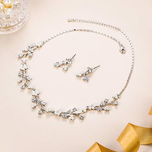 Image of EVER FAITH Wedding Cubic Zirconia Jewelry Set for Women, Marquise White Simulated Pearl Floral Vine Bridal Prom Necklace Earrings for Bride