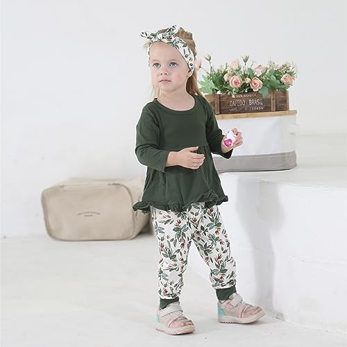 Image of Toddler Baby Girl Clothes Solid Color Long Sleeve Ruffle Tops Pants Headband Outfits Set