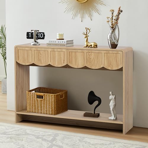 ORRD Console Table with Drawers, Mid-Century 43 Inches Narrow Entryway Table with Open Storage Shelves, Hallway Accent Tables Behind Couch Tables for Living Room - Natural