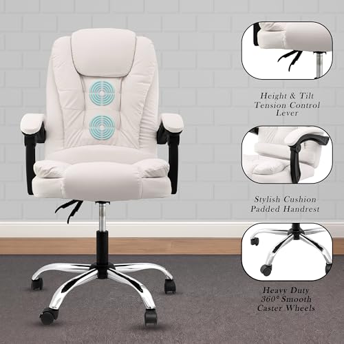Image of Casa Copenhagen Italia Premium Leatherette Office Chair for Work | Boss Chair, Ergonomic Executive, Luxurious Cushioned Arms & Seat, 2 Point Back Massager, Heavy Duty Metal Base (White)