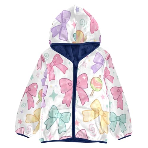 Colorful Bows and Candies Pattern Toddler Fleece Jacket Girl Boys Hooded Fleece Jacket Coat Warm Outwear Zip-up 3-10T
