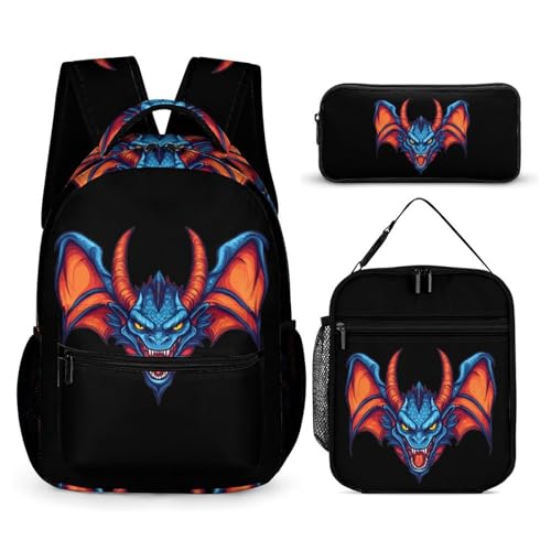 Angry Dragon Head With Horns 3 PCS Backpack Set Casual Daypack with Insulated Lunch Bag & Pencil Case