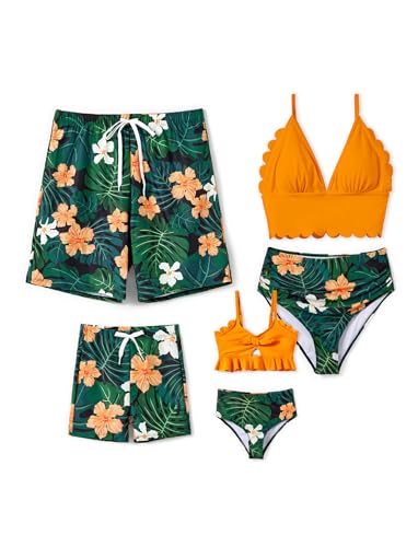 Family Matching Solid Scallop Trim Strappy Two-Piece Swimsuit and Allover Floral Print Swim Trunks Shorts