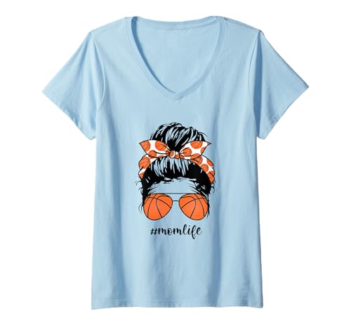 Damen Mom Life Basketball Mama Messy Bun Grafik lustiger Muttertag T-Shirt mit V-Ausschnitt