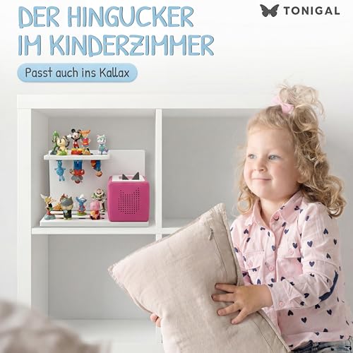 TONIGAL® Tonie Regal Weiß zum Hinstellen stehend für bis zu 40 Tonie Figuren, Toniebox & Ladestation I passend für IKEA Kallax I Toniebox Regal Magnetisch aus Holz, Tonieregal mit gerundeten Ecken