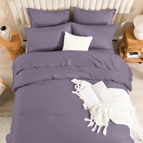 Image of Litanika King Size Comforter Set Grey Purple - 7 Pieces Bed in a Bag King Bedding Comforter Sets, Solid Lightweight Bed Set with Comforter, Sheets, Pillowcases & Shams