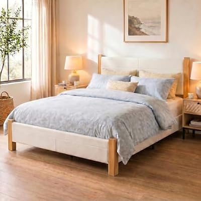 Brafab Queen Size Bed Frame with Upholstered Headboard, Platform Bed Frame with Solid Wood Posts, Noise-Free, Easy Assembly, No Box Spring Needed