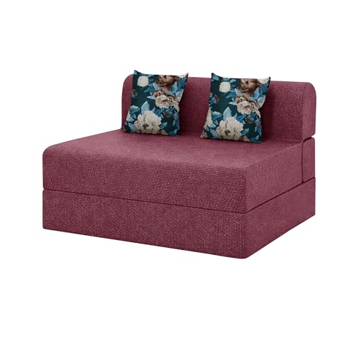 Image of VANSH FURNITURE - Foldable Two Seater Sofa Bed 4 X 6 Ft Jute Fabric Washable Cover Sofa Cum Bed with Cushions Convertible Sofa Bed for Home (Maroon Color - Pre-Assembled)