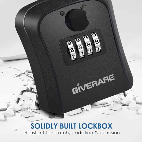 GIVERARE Lock Box, 4 Digits Combination Lockbox, Waterproof Outdoor Key Hider for House Key Storage Wall Mount Outside, Resettable Code Safe Security Password Boxes with Mounting Kit-Black