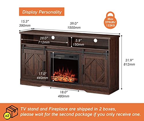 Wampat Fireplace Tv Stand For Tvs Up To 65 Inch, Farmhouse Wood Electric Fireplace Tv Console, Entertainment Center With Storage, Sliding Barn Door&Adjustable Shelf For Living Room, Rustic Brown #TOP5
