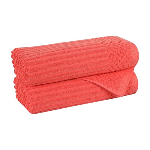SUPERIOR Cotton 2-Piece Solid and Ribbed Bath Towel Set, Bath Towels- 27" x 54", Coral
