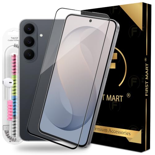 Image of FIRST MART Tempered Glass for Samsung Galaxy S26 FE 5G, 9H 0.3 mm Full-Glue Screen Protector with Cable Protector, 3D Edge-to-Edge, HD Clear, Case-Friendly, Black, Pack of 1