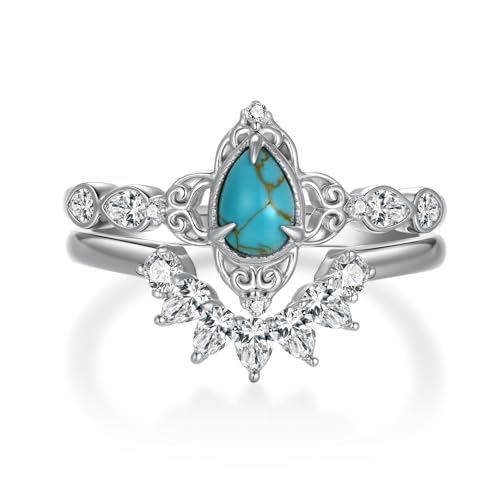 Genuine Turquoise Wedding Ring Set for Women 925 Sterling Silver Engagement Ring Sets Wedding Ring Set Real Turquoise Jewelry for Women