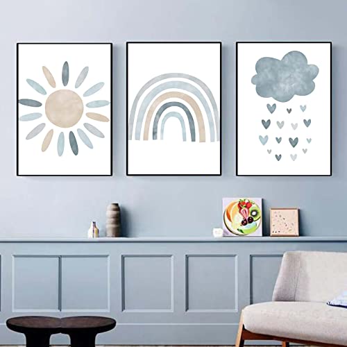 Nursery Wall Prints Blue Sunshine Rainbow Cloud Canvas Wall Art, Child Wall Art Poster Boho Nordic Wall Pictures For Boys Baby Kids Room Decor, Set Of 3 Cute Cartoon Prints Boys Room Wall Decor Unframed #TOP2