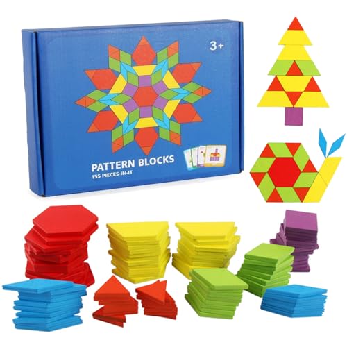 ZHUGEYG 155 Pcs Wooden Pattern Blocks Set - Geometric Shape Puzzle for Kindergarten - Classic Educational Montessori Tangram Toys with 24 Design Cards for Kids Ages 3-8