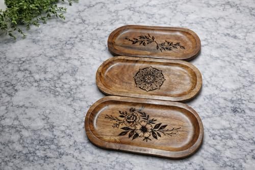 Image of Wooden Jewelry Tray, Oval Shape, L x B x H = 10 x 5 x 0.5 Inch Floral Design, Natural Wood Finish, Organizer for Rings, Necklaces, Earrings And Snacks Serving (Multi 3)