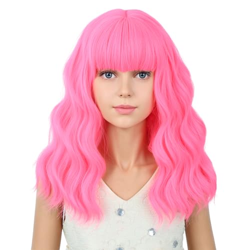 Image of PATTNIUM Neon Pink Wig for Kids Girs Short Curly Wavy Wigs with Bangs Light Pink Shoulder Length Wavy Heat Resistant Synthetic Wig