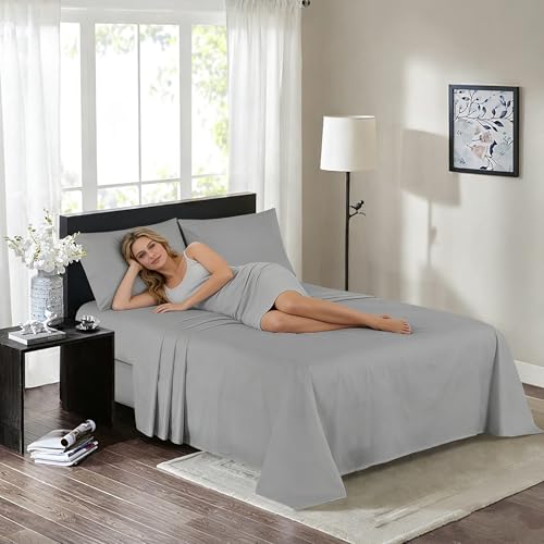 Image of 100% Cotton Percale Sheets Queen Size - 200 Thread Count, Breathable & Crisp Cool, Deep Pocket up to 17 inch Fitted Sheet, 4-Piece Bedding Set Hotel-Luxury Feel Bed Sheet Set (Light Gray, Queen)