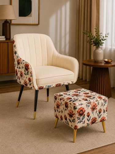 Image of Designer Accent Chair with Floral Printed Back & Footstool | Velvet Lounge Chair for Living Room, Makeup Vanity & Bedroom. (Off White Floral Set)