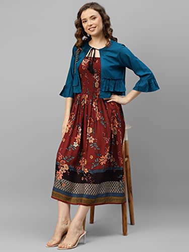 Image of DEEBACO Women's Floral Print Rayon Midi Calf Length Smocking Dress with Solid Shrug for Women|Ruffled 3 /4 Sleeves Shrug Casual Western Fit and Flared Dresses for Ladies Outfits (DBDR00000749 Maroon)
