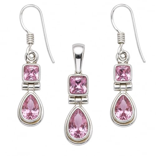 Juego de joyas de cuarzo rosa para mujer con pendientes de plata de ley 925