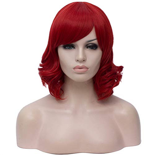 Beauwig Short Bob Natural Pastel Wavy Wig with Side Bangs Women's 12.5" Synthetic Cosplay Wigs Charming Curly Wig for Girl Colorful Costume Halloween Party Include Wig Cap (Dark Red)