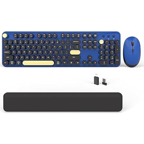 Wireless Computer Keyboards Mouse Combos, COVEVA Colorful Typewriter Retro Keyboard with Round Keycaps, USB Keyboard and Mouse Set 2.4GHz Full-Size Wireless Keyboard and Optical Mouse（Black-Blue） Cover