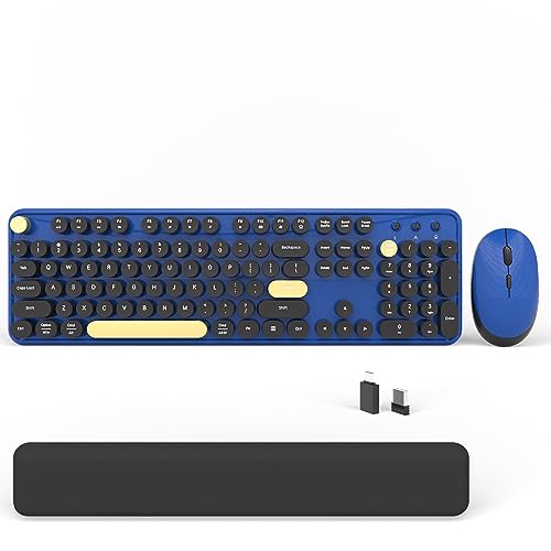 Wireless Computer Keyboards Mouse Combos, COVEVA Colorful Typewriter Retro Keyboard with Round Keycaps, USB Keyboard and Mouse Set 2.4GHz Full-Size Wireless Keyboard and Optical Mouse（Black-Blue）
