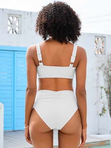 ANRABESS Bathing Suit for Women Tummy Control Bikini Set 2025 Beach Front Ruched Mid Waist Swimsuit with Adjustable Straps4