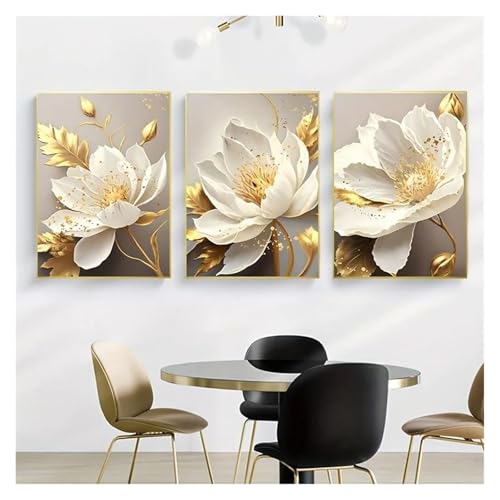 Tableau déco nature salon chic triptyque plante dorée 40x60