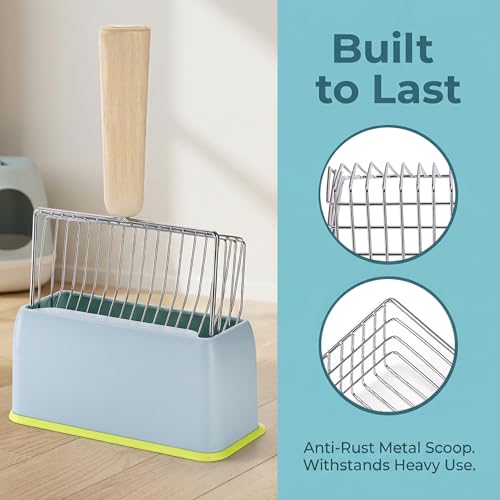 Image of Hiceeden 2 Pack Fast Sifting Cat Litter Scoop with Stand, Metal Kitty Litter Scoop Holder with Wooden Handle, Easy Clean Cat Poop Scooper for Kitten Litter Box, Gray and Blue