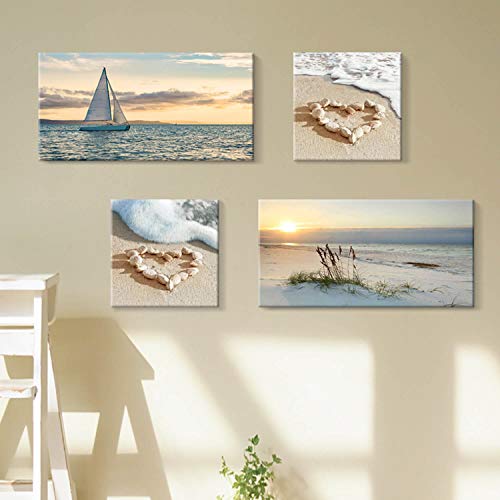 Hardy Gallery Beach Picture Sunset Canvas Art: Seascape Painting With Sailboat & Coastal Conch Artwork Wall Art For Bedroom (24'' X 12'' X 2 Panels + 12'' X 12'' X 2 Panels) #TOP1