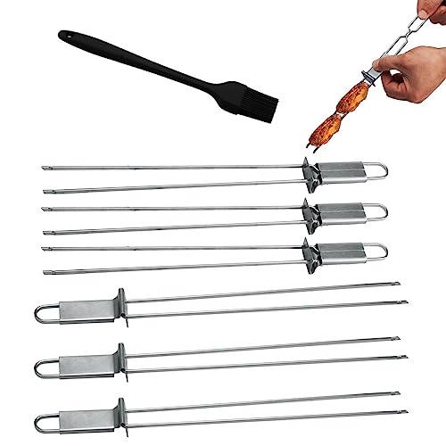 Skewers for Grilling, 12.8 inch (6 Pack) Double Pronged Flat Stainless Steel BBQ Skewer with Push Bar, Reusable Long Metal Skewer Sticks for Camping or family Meat Chicken
