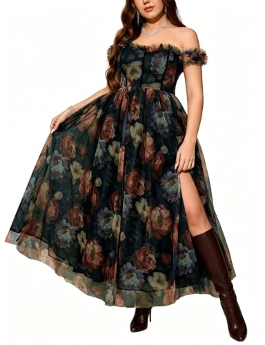 Image of EYWOL Plus Size Formal Wedding Guest Cocktail Party Floral Dress with Slit | Sweetheart, A Line, Midi\Maxi, Tulle, Curvy, Adjustable Straps, Smocked Back, Black Tie, Evening, Gown, Gala, Prom