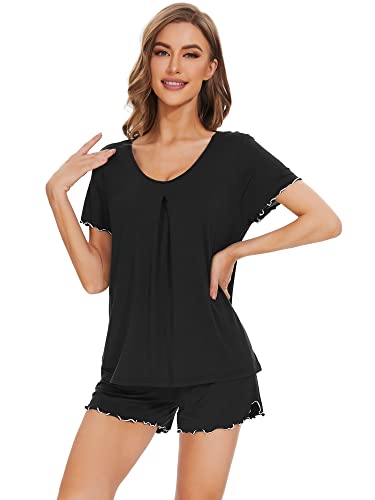 Image of WiWi Womens Pajamas Set Bamboo Viscose Super Soft Short Sleeve Top Ruffle Shorts Sleepwear Cooling Pj Sets S-XXL