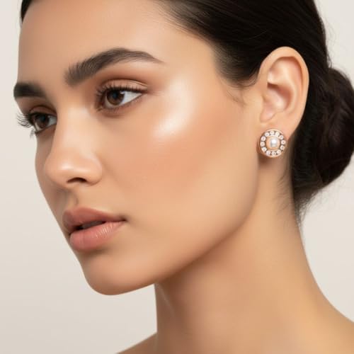 Image of Nilu's Collection Rose Gold Plated Triangular Design Pearl Stud Earrings With American Diamond for Women And Girls | Gift For Her | Anti- Allergy |Anti-Tarnish | Office Wear