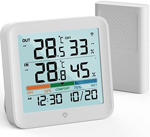 VOCOO Wireless Thermometer Indoor Outdoor Hygrometer with 1 Remote Sensors,Digital Humidity Temperature Gauge Meter Monitor with Backlit Clock Min/Max Value, / Air Indicator for Home, Greenhouse