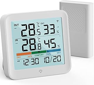 VOCOO Wireless Thermometer Indoor Outdoor Hygrometer with 1 Remote Sensors,Digital Humidity Temperature Gauge Meter Monitor with Backlit Clock Min/Max Value, / Air Indicator for Home, Greenhouse