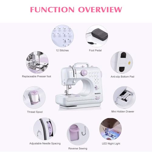 Mini Nähmaschine - 12 Stiche Elektrische Tragbare Nähmaschine mit Eingebautem LED-Licht und Fußpedal, Multifunktionsnähmaschine Haushaltsnähmaschine Doppellinien-Rückwärtsstich für Anfänger/Kinder