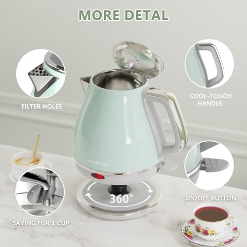 Image of Evoloop Electric Tea Kettle, 1500W /1.0L Hot Water Boiler Heater Pot, Retro Small Electric Kettle, 100% Stainless Steel BPA Free Electric Teapot, Auto Shut-Off & Boil-Dry Protection