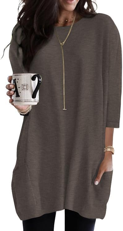 Damen Tunika Kurzarm / 3/4 Ärmel Longshirt mit Taschen Rundhals Tops S-3XL