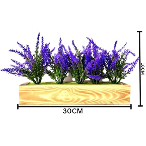 Image of Dekorly Artificial Lavender Plant in White Pot, 18cm - Realistic Faux Flower Arrangement for Home & Office Decor (Set of 1) (1, Wooden Pot)