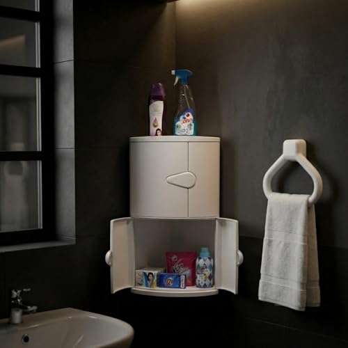 Image of CIPLA PLAST Double Door Corner Shelf for Bathroom | Bathroom Corner Cabinet with Door | Bathroom Cabinet Without Mirror | Storage Organizer | BRC-704 | with Towel Ring