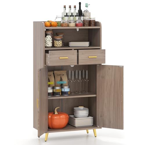 GIANTEX Aparador Buffet de Cocina con 2 Puertas, 2 Cajones y Estantes Abiertos, Armario Auxiliar con Kit Antivuelco, 60 x 30 x 113 cm, Mueble de Almacenamiento para Salón, Comedor, Entrada (Gris)