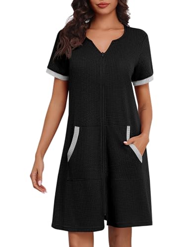 Image of Ekouaer Women Zipper Robe Waffle Short Sleeve Bathrobes Lightweight Knee Length Housecoat with Pockets S-3XL