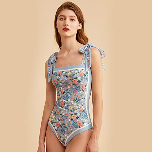 Women Double-Sided Floral One Piece Swimsuits, Reversible Tie Shoulder Monokini, Tummy Control Bathing Suits, Square Neck Blue #TOP2