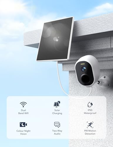 GNCC 2K Zewnętrzna bezprzewodowa kamera Wi-Fi z panelem słonecznym, kamera zewnętrzna z kolorowym widzeniem w nocy, dwukierunkowy dźwięk, alarm PIR, współpracuje z Alexa, WiFi 2,4 G/5 GHz, IP65